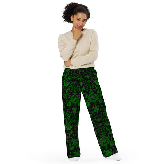 Wide-leg all-over print unisex trousers- Darkest Green